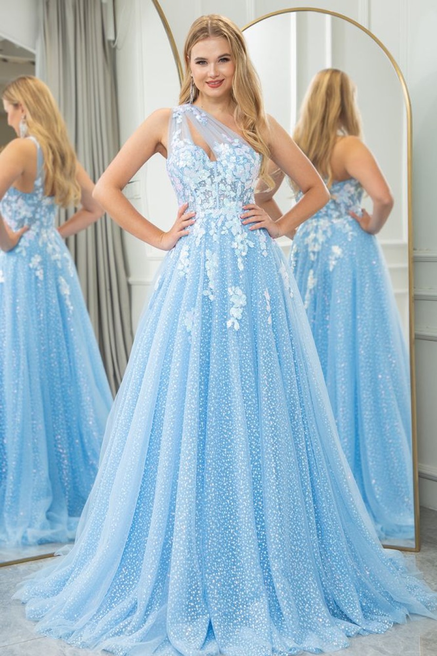 Homrain A Line One Shoulder Tulle Long Prom Dress With Appliques | Blue Prom Dresses