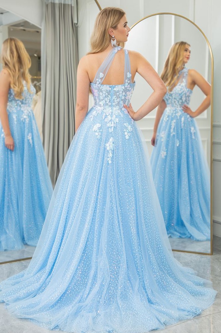 Homrain A Line One Shoulder Tulle Long Prom Dress With Appliques | Blue Prom Dresses