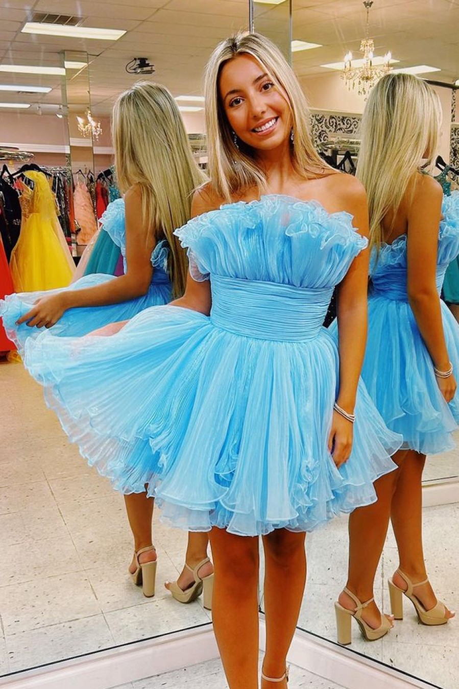 Homrain A-Line Strapless Ruffled Short Homecoming Dress | Blue Hoco Dresses