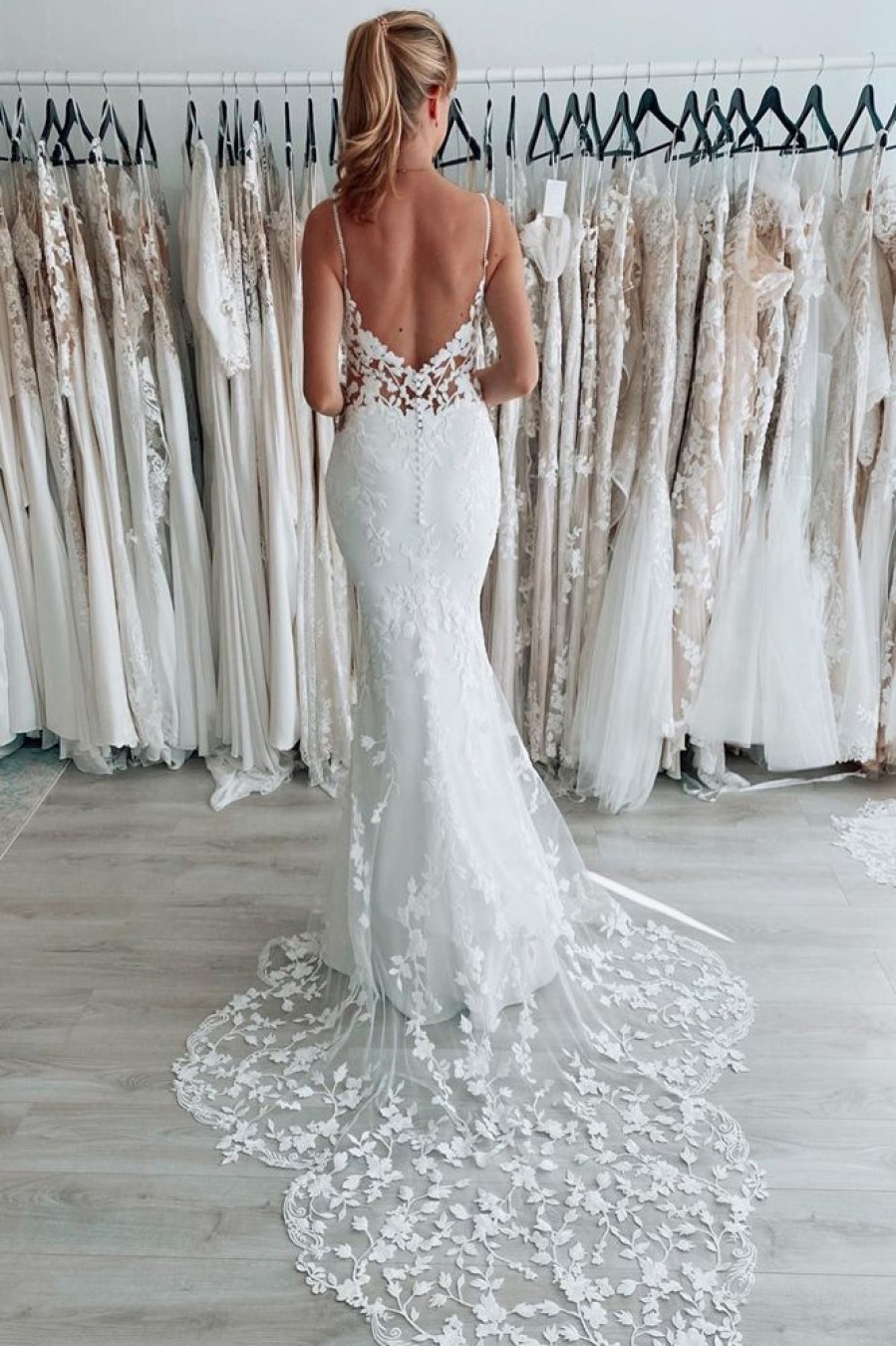 Homrain Spaghetti Straps Backless Long Wedding Dress With Lace | Lace Wedding Dresses