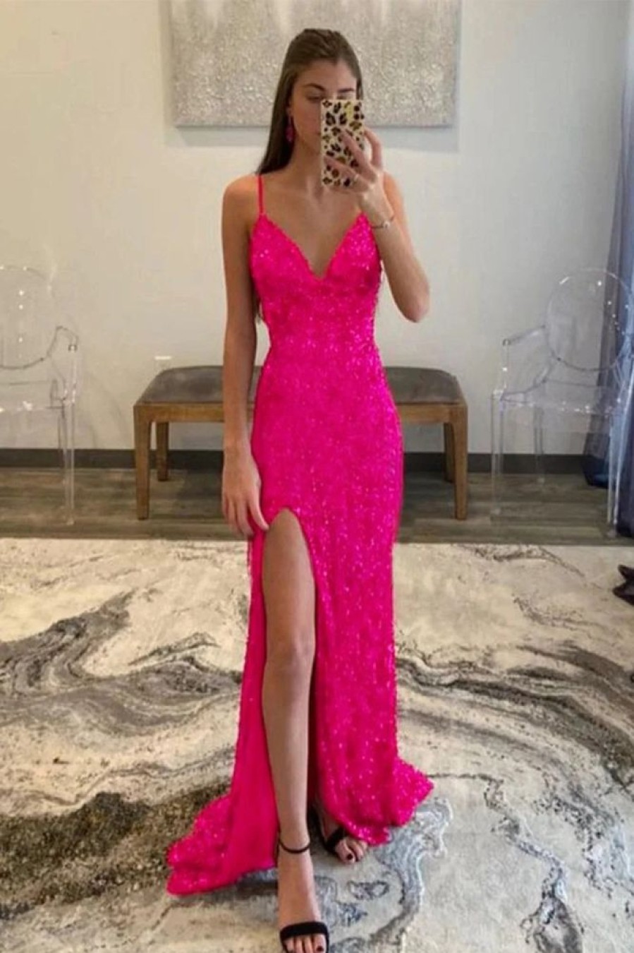 Homrain Hot Sequins Glitter Prom Dress With Slit | Hot Pink Prom Dresses