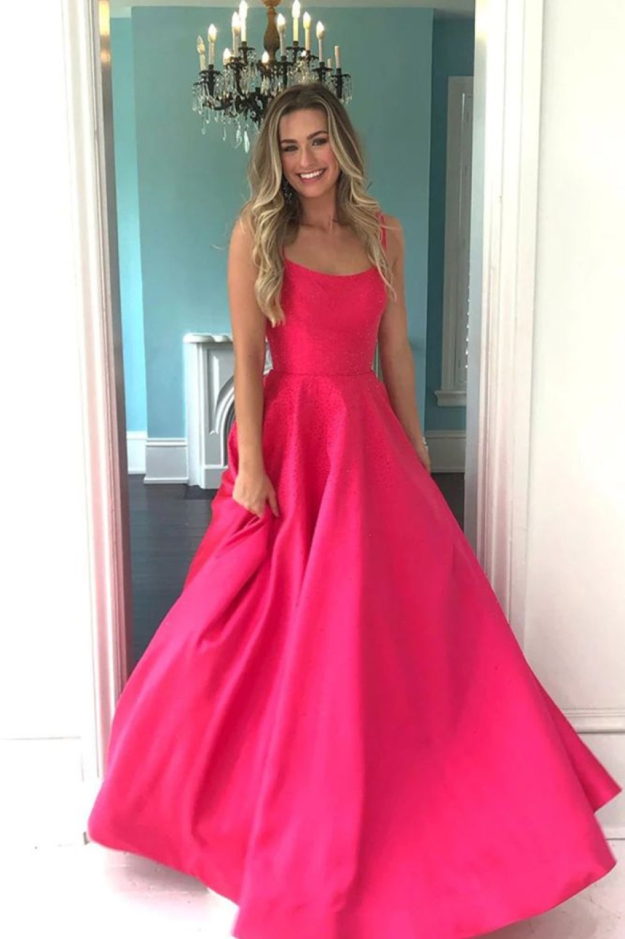 Homrain Sparkly Hot Pink Sequin Straps A-Line Long Prom Dress | Hot Pink Prom Dresses