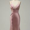 Homrain Spaghetti Straps Satin Wedding Guest Dress | Pink Hoco Dresses