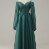 Homrain Off Shoulder Long Sleeves Prom Dress With Ruffles | Green Prom Dresses