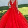 Homrain A-Line V-Neck Long Prom Dress With Appliques | Red Prom Dresses