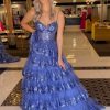 Homrain Sparkly Spaghetti Straps Tiered Lace Long Corset Prom Dress | Blue Prom Dresses