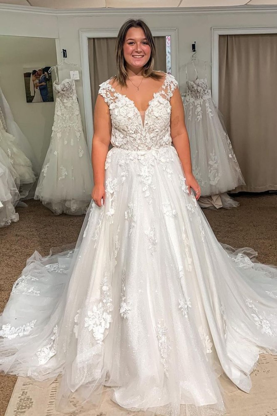 Homrain Glitter Long Tulle Plus Size Wedding Dress With Lace | Plus Size Wedding Dresses