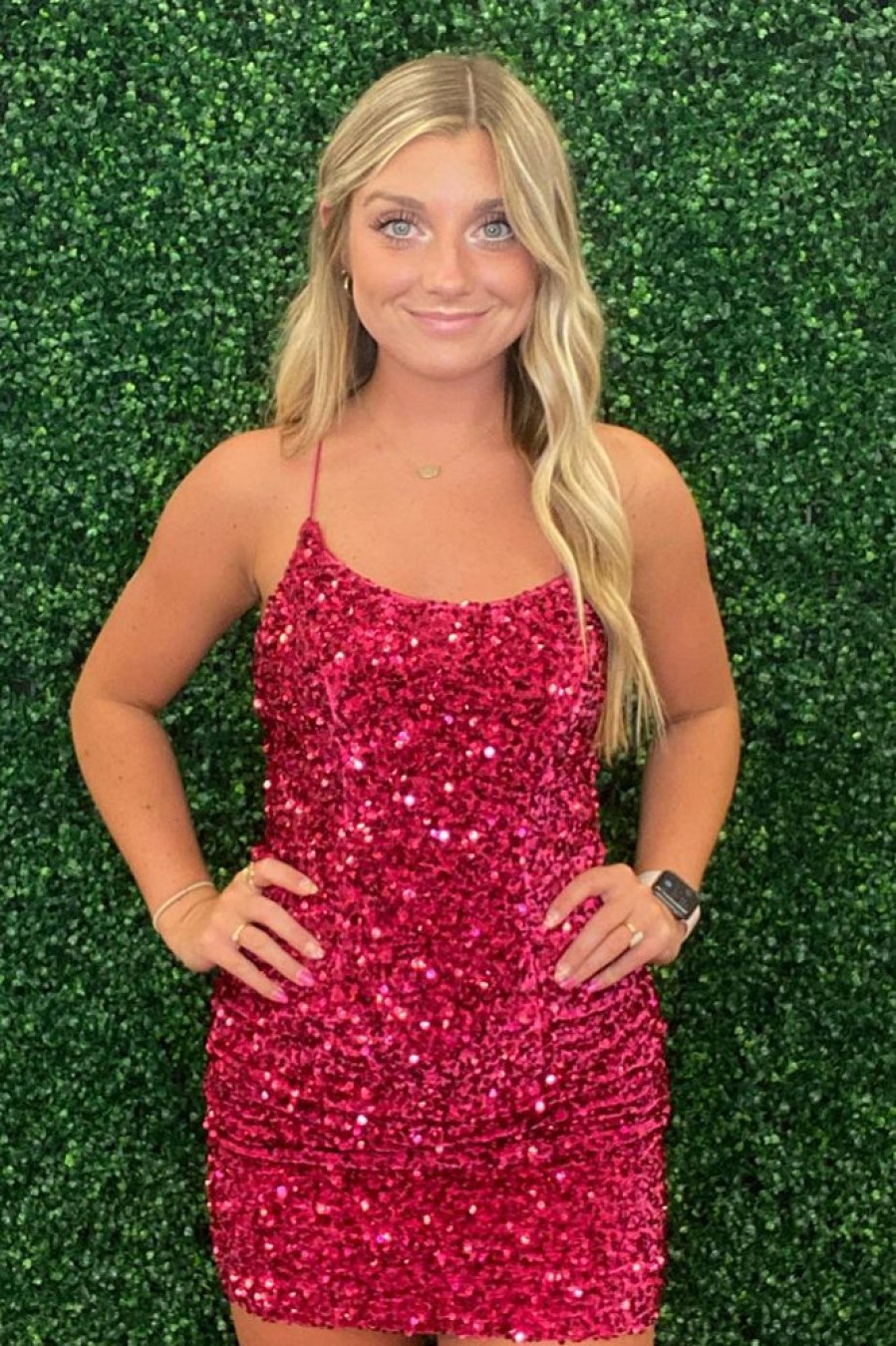 Homrain Sparkly Sleeveless Sequin Tight Short Homecoming Dress | Hot Pink Hoco Dresses