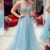 Homrain Deep V-Neck Sparkly Long Prom Dress | Blue Prom Dresses