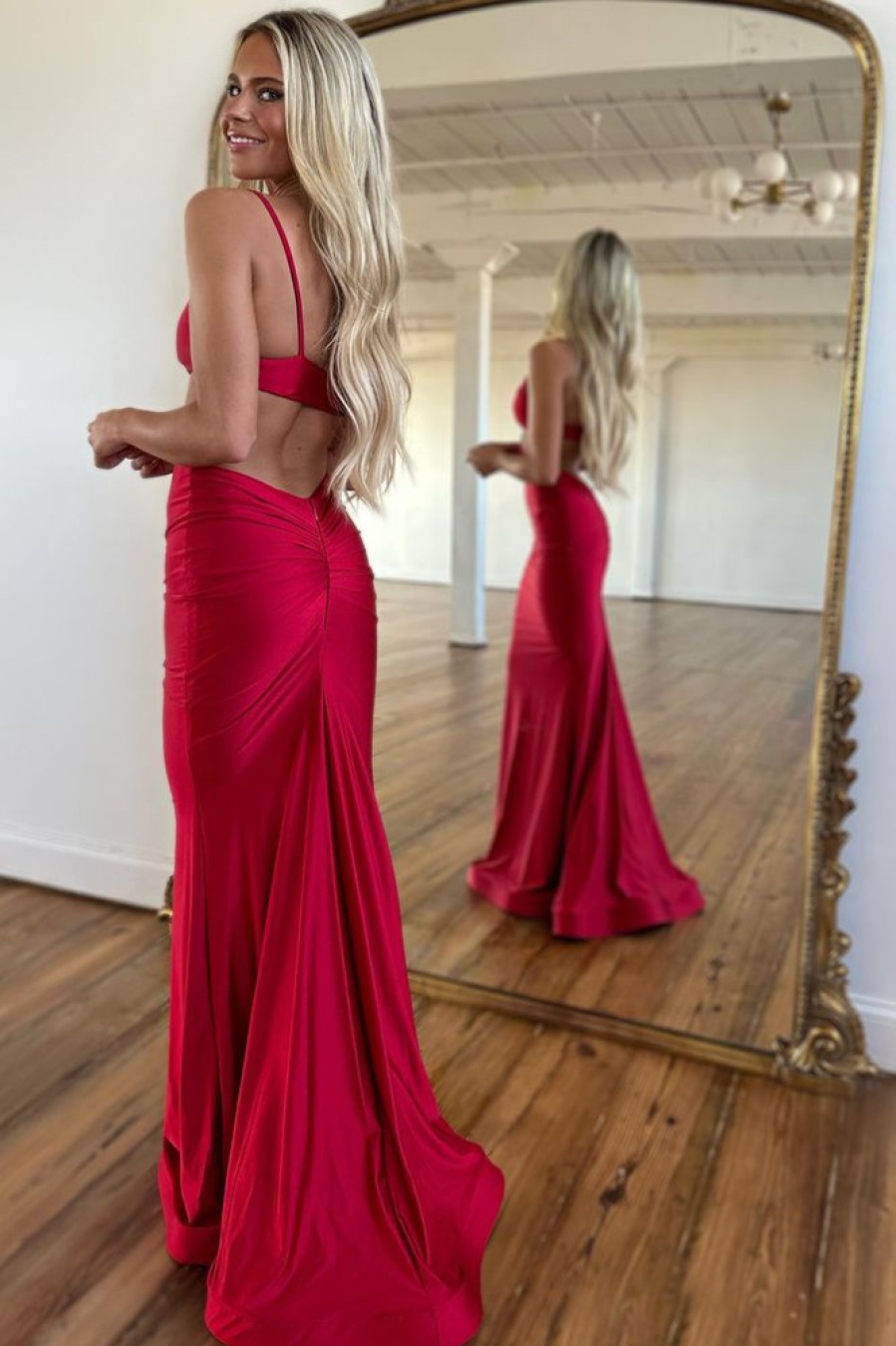 Homrain Spaghetti Straps Cut Out Long Prom Dress With Slit | Red Prom Dresses