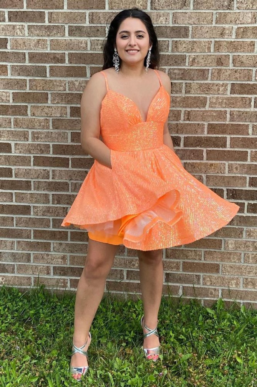 Homrain Sparkly Sequins A-Line Short Homecoming Dress With Pockets | Orange Hoco Dresses