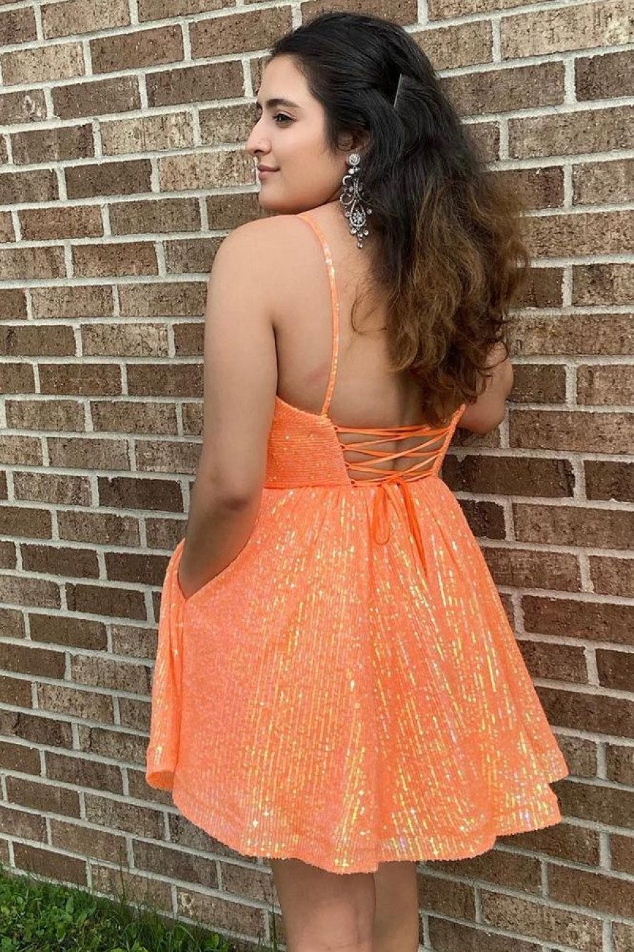 Homrain Sparkly Sequins A-Line Short Homecoming Dress With Pockets | Orange Hoco Dresses