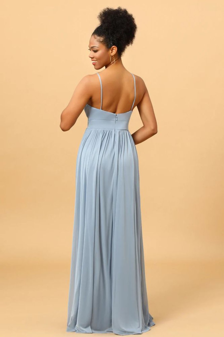 Homrain Dusty Blue A-Line Long Chiffon Bridesmaid Dress With Slit | Bridesmaid Dresses