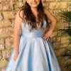 Homrain Plus Size Deep V Neck Satin Long Prom Dress | Blue Prom Dresses