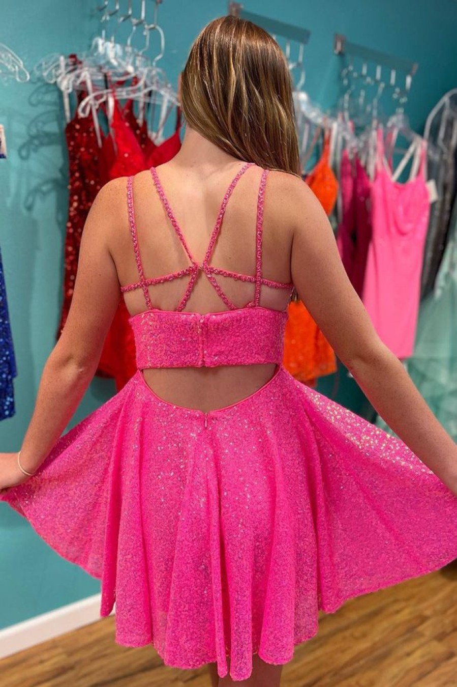 Homrain Sparkly Hot Pink Open Back Sequins A-Line Short Homecoming Dress | Hot Pink Hoco Dresses