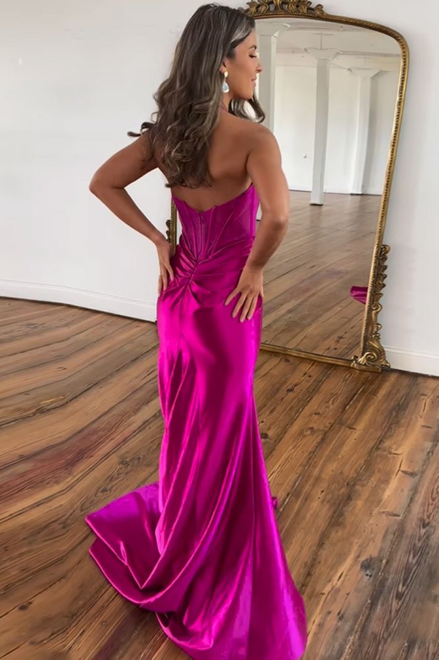 Homrain Hot Pink Mermaid Corset Long Satin Prom Dress With Slit | Hot Pink Prom Dresses