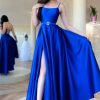 Homrain A Line Spaghetti Straps Long Prom Dress With Split Front | Blue Prom Dresses