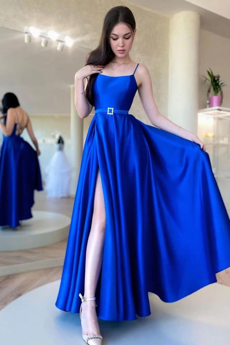 Homrain A Line Spaghetti Straps Long Prom Dress With Split Front | Blue Prom Dresses