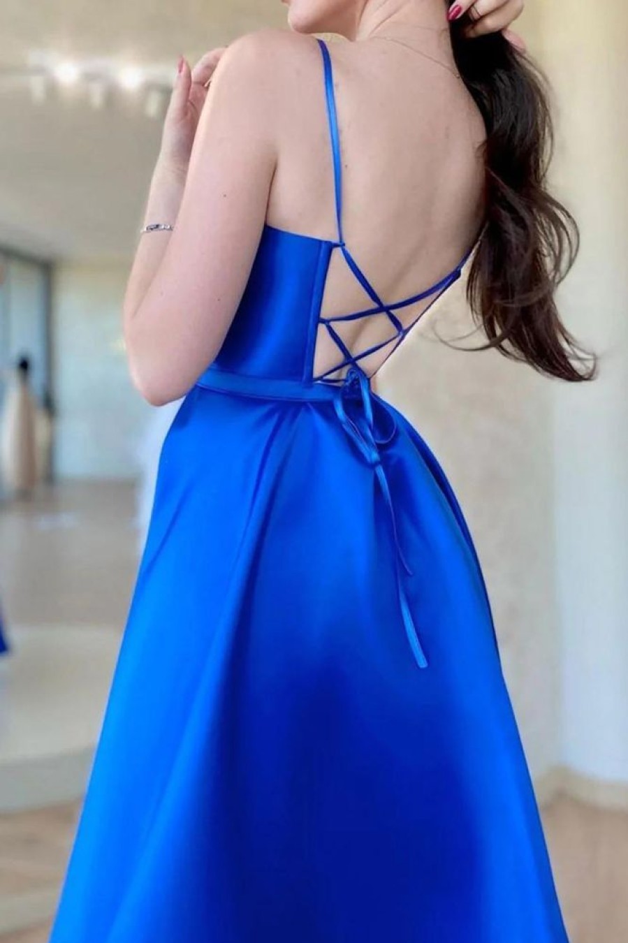 Homrain A Line Spaghetti Straps Long Prom Dress With Split Front | Blue Prom Dresses