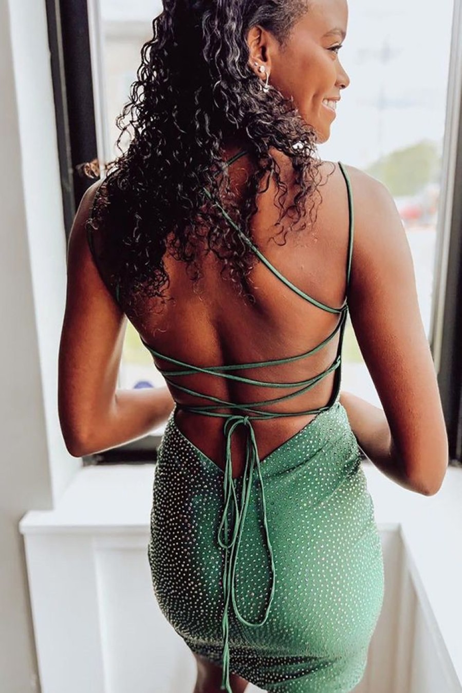 Homrain Sparkly Beaded Lace-Up Back Tight Short Homecoming Dress | Green Hoco Dresses