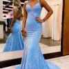 Homrain Sparkly Mermaid Sequins Long Backless Prom Dress | Blue Prom Dresses