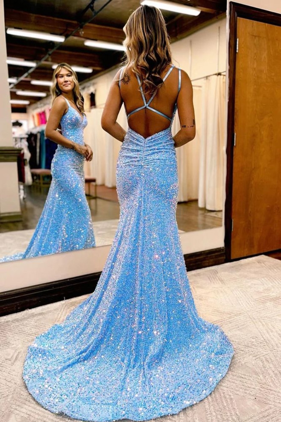 Homrain Sparkly Mermaid Sequins Long Backless Prom Dress | Blue Prom Dresses