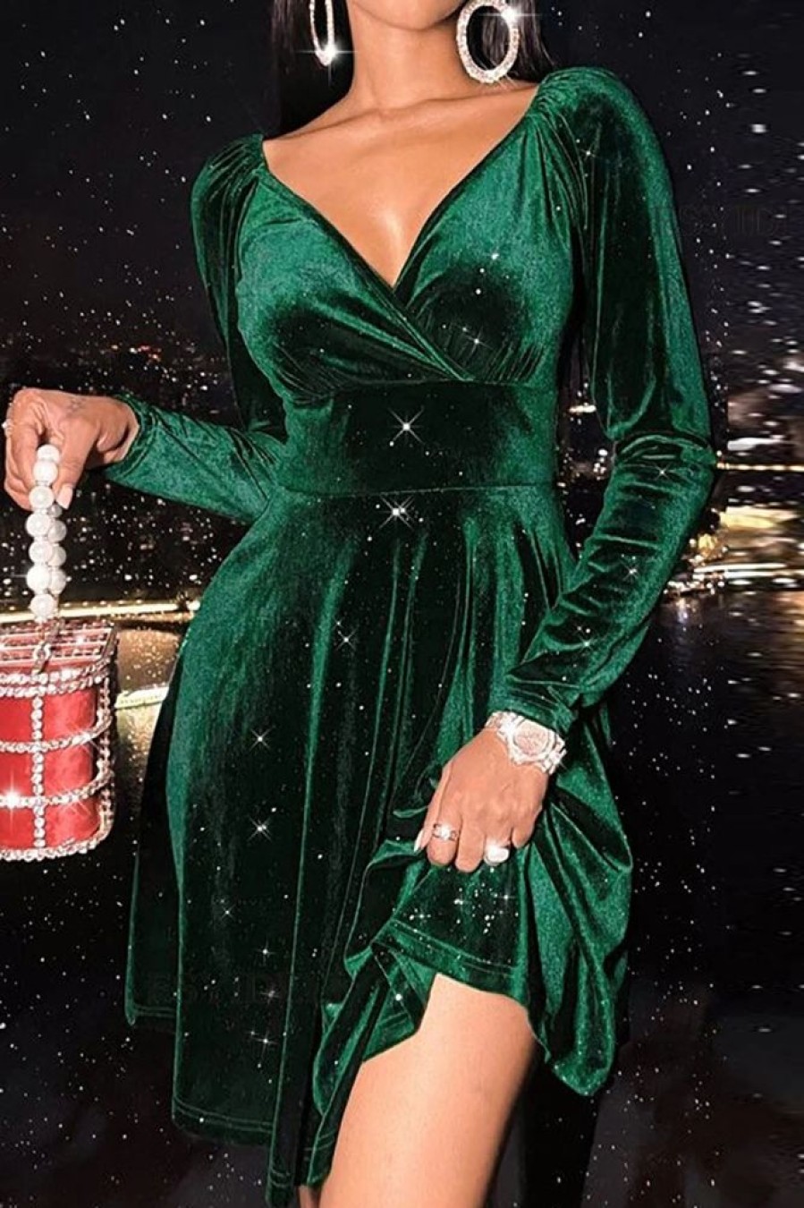 Homrain V-Neck Velvet Christmas Dress | Green Hoco Dresses