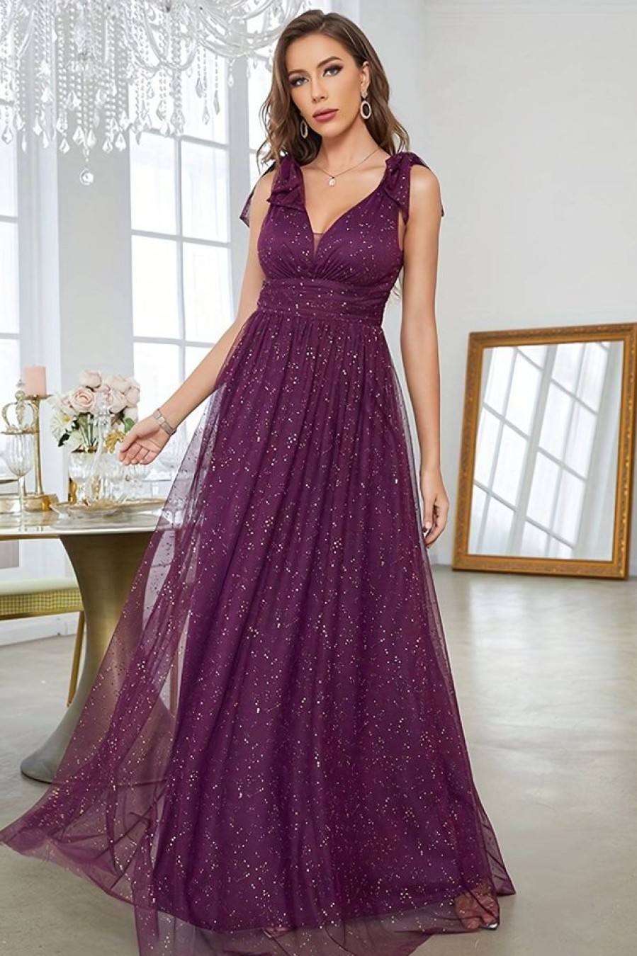 Homrain Sparkly Sheath Tulle Long Prom Dress | Purple Prom Dresses