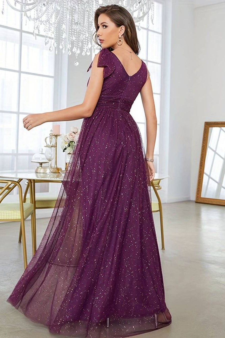 Homrain Sparkly Sheath Tulle Long Prom Dress | Purple Prom Dresses