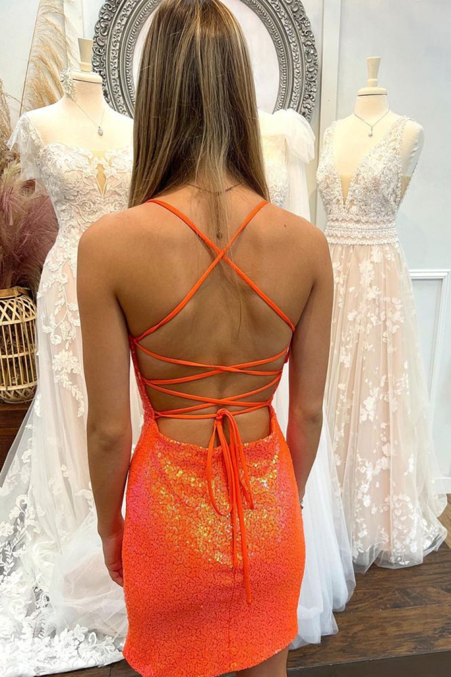 Homrain Sparkly Sequined Tight Short Homecoming Dress With Slit | Orange Hoco Dresses