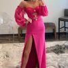 Homrain Off The Shoulder Detachale Sleeves Cut Out Prom Dress | Hot Pink Prom Dresses