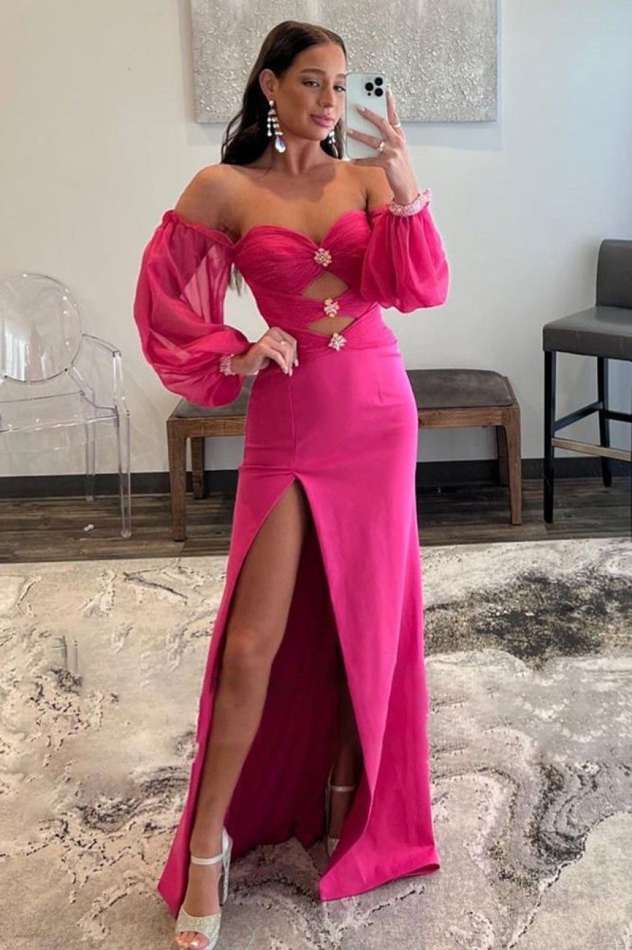 Homrain Off The Shoulder Detachale Sleeves Cut Out Prom Dress | Hot Pink Prom Dresses