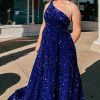 Homrain A Line One Shoulder Sequins Long Prom Dress | Blue Prom Dresses