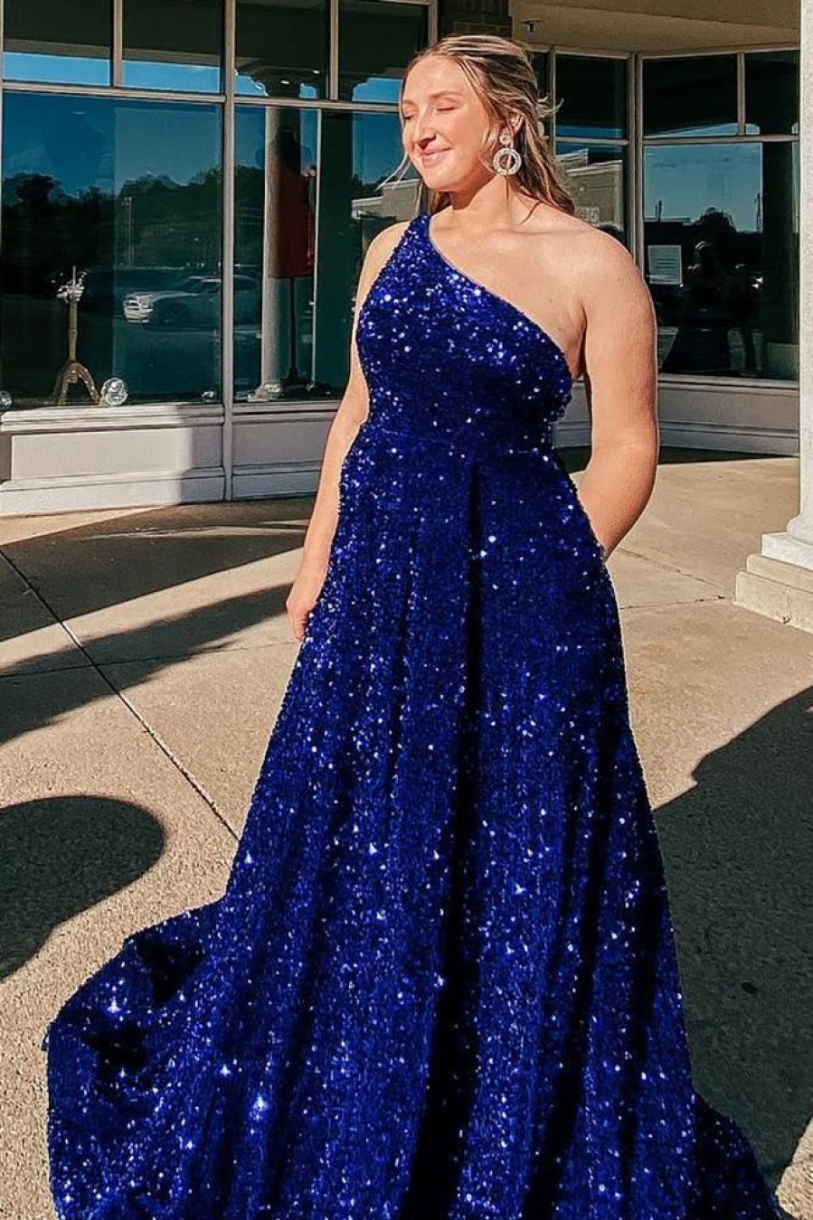 Homrain A Line One Shoulder Sequins Long Prom Dress | Blue Prom Dresses