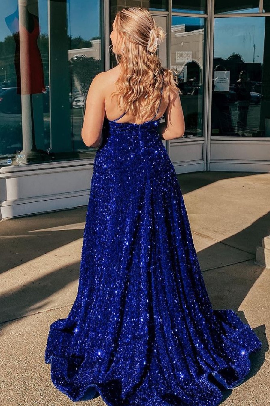 Homrain A Line One Shoulder Sequins Long Prom Dress | Blue Prom Dresses