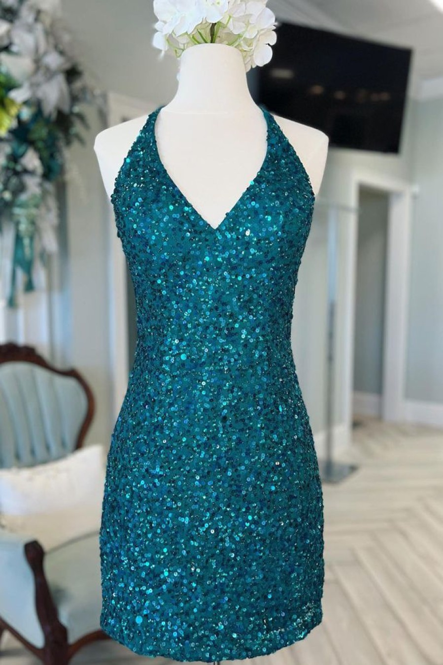 Homrain Sparkly Sequins Backless Tight Short Homecoming Dress | Green Hoco Dresses