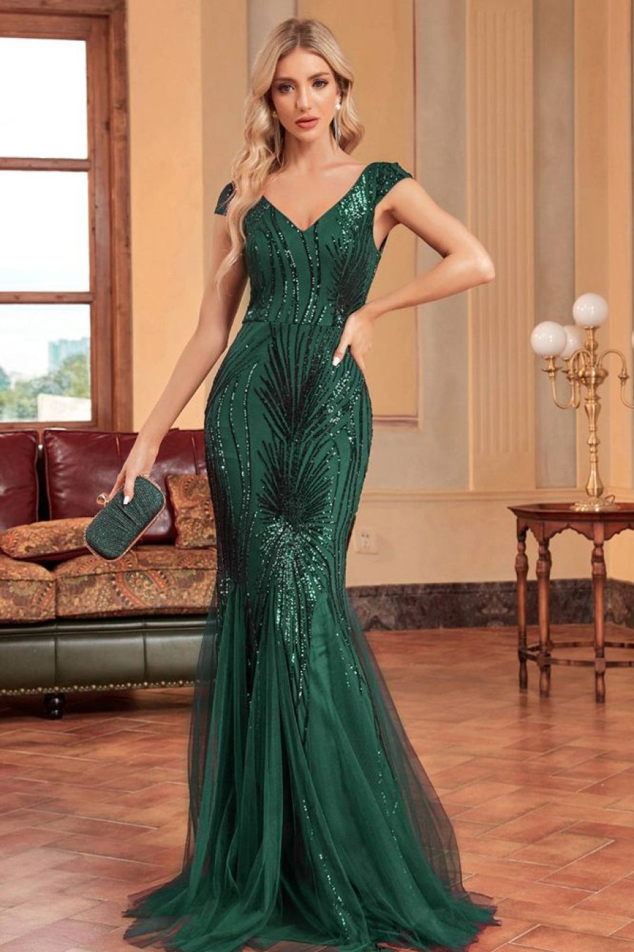 Homrain Glitter Mermaid Long Appliqued Prom Dress | Green Prom Dresses