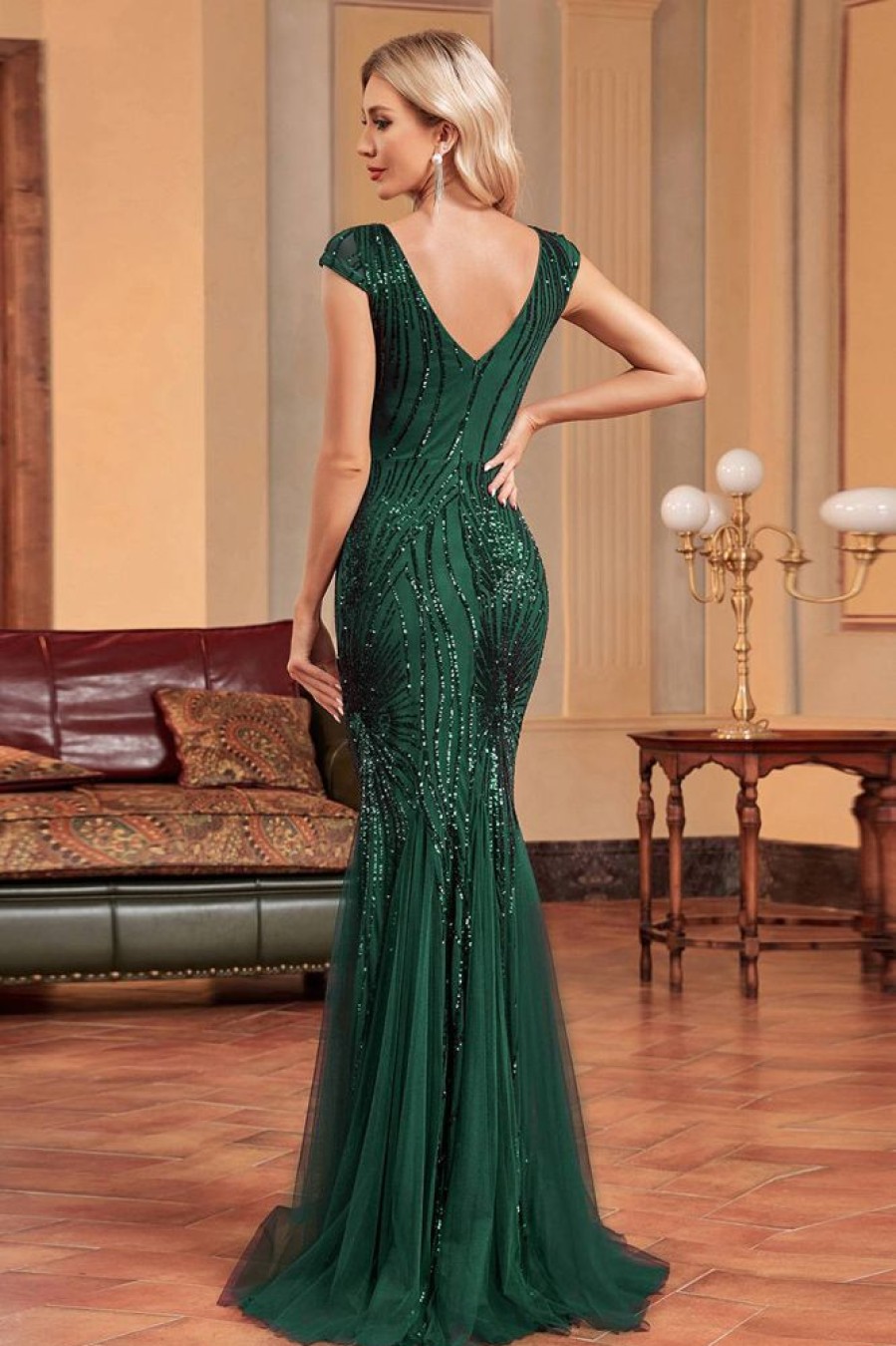 Homrain Glitter Mermaid Long Appliqued Prom Dress | Green Prom Dresses