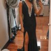 Homrain Deep V-Neck Mermaid Prom Dress With Slit | Black Prom Dresses