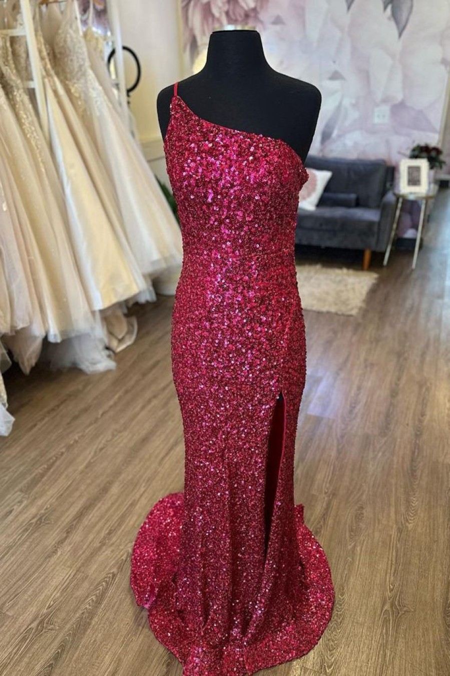 Homrain Mermaid One Shoulder Sequins Long Prom Dress With Split Front | Red Prom Dresses