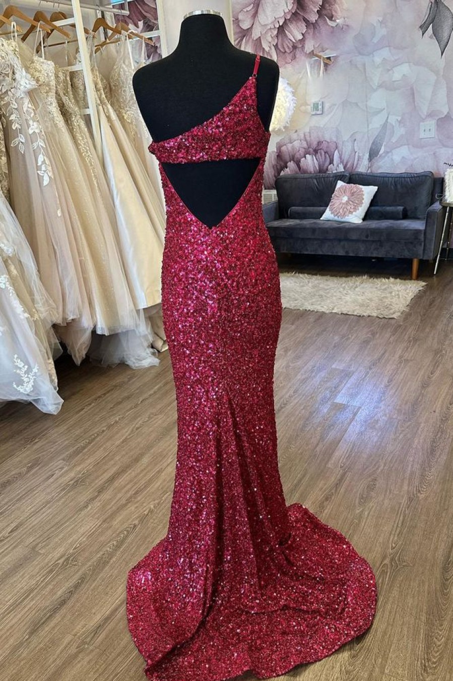 Homrain Mermaid One Shoulder Sequins Long Prom Dress With Split Front | Red Prom Dresses