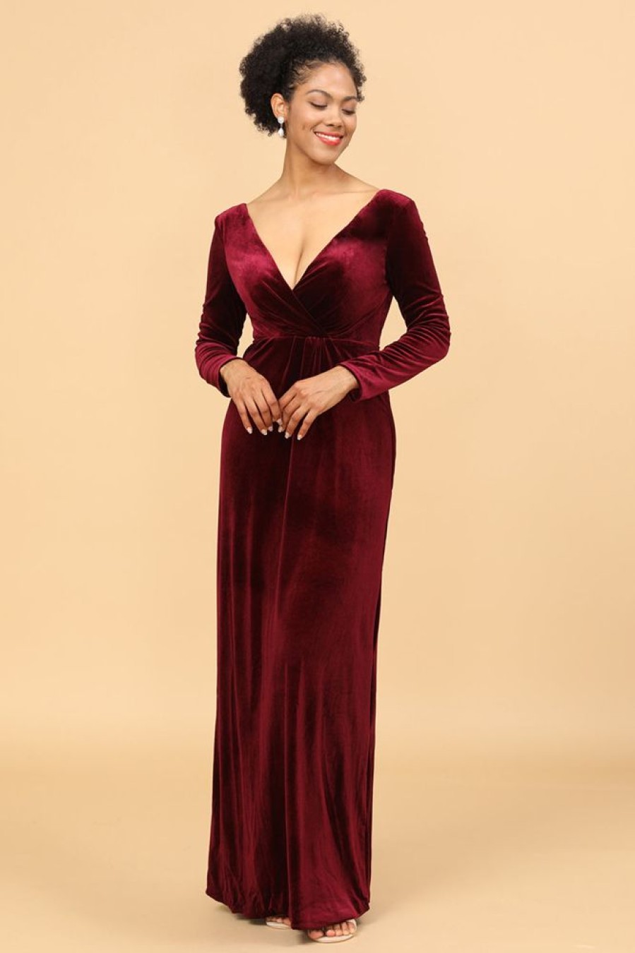 Homrain Sheath Deep V-Neck Long Sleeves Velvet Bridesmaid Dress | Bridesmaid Dress Under 100