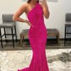 Homrain Mermaid Glitter Sexy One-Shoulder Long Prom Dress With Sequins | Hot Pink Prom Dresses