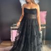 Homrain Corset A-Line Strapless Long Prom Dress With Ruffles | Black Prom Dresses