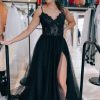 Homrain Tulle Spaghetti Straps Lace-Up Back Long Prom Dress With Slit | Black Prom Dresses