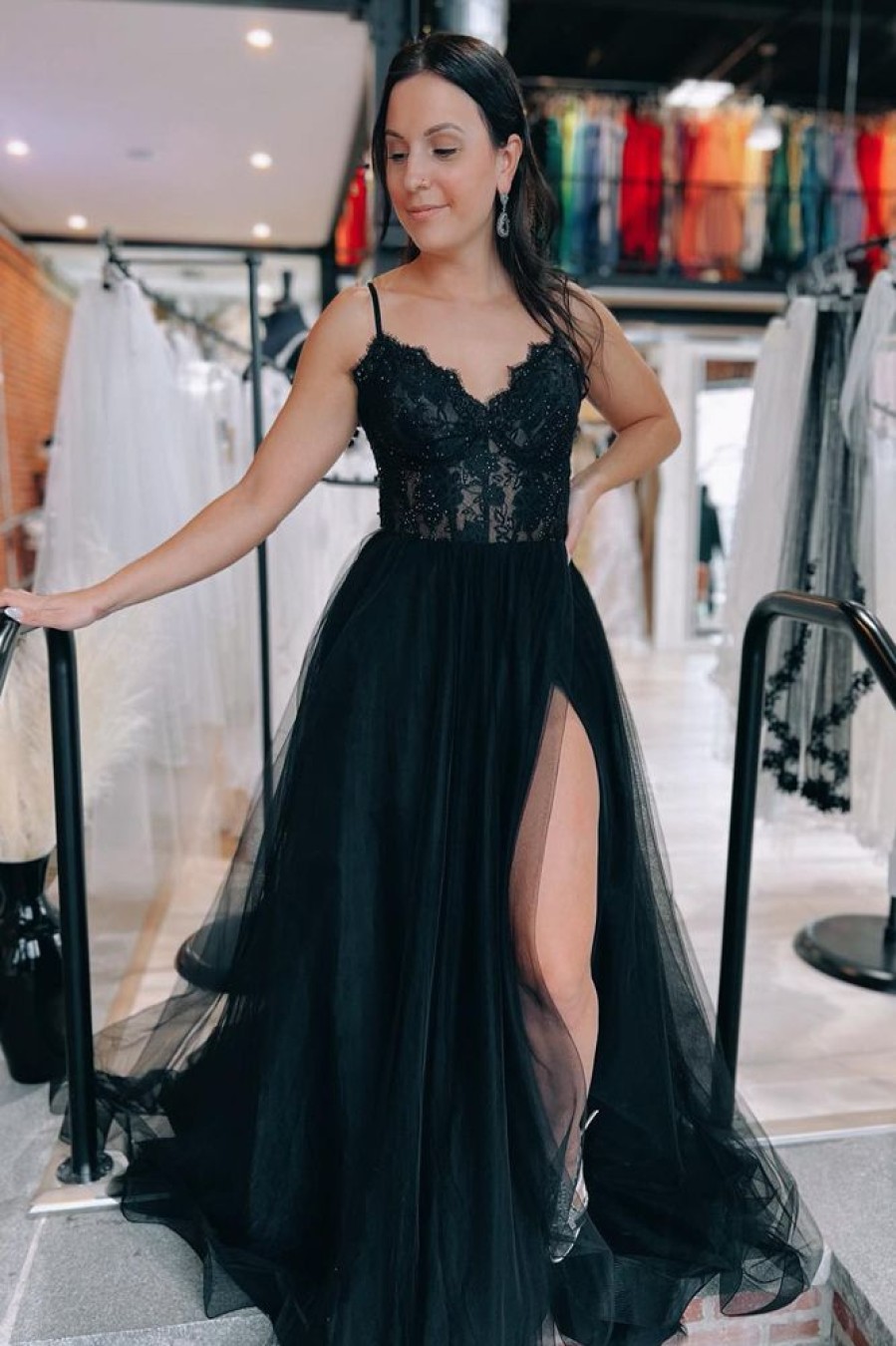 Homrain Tulle Spaghetti Straps Lace-Up Back Long Prom Dress With Slit | Black Prom Dresses