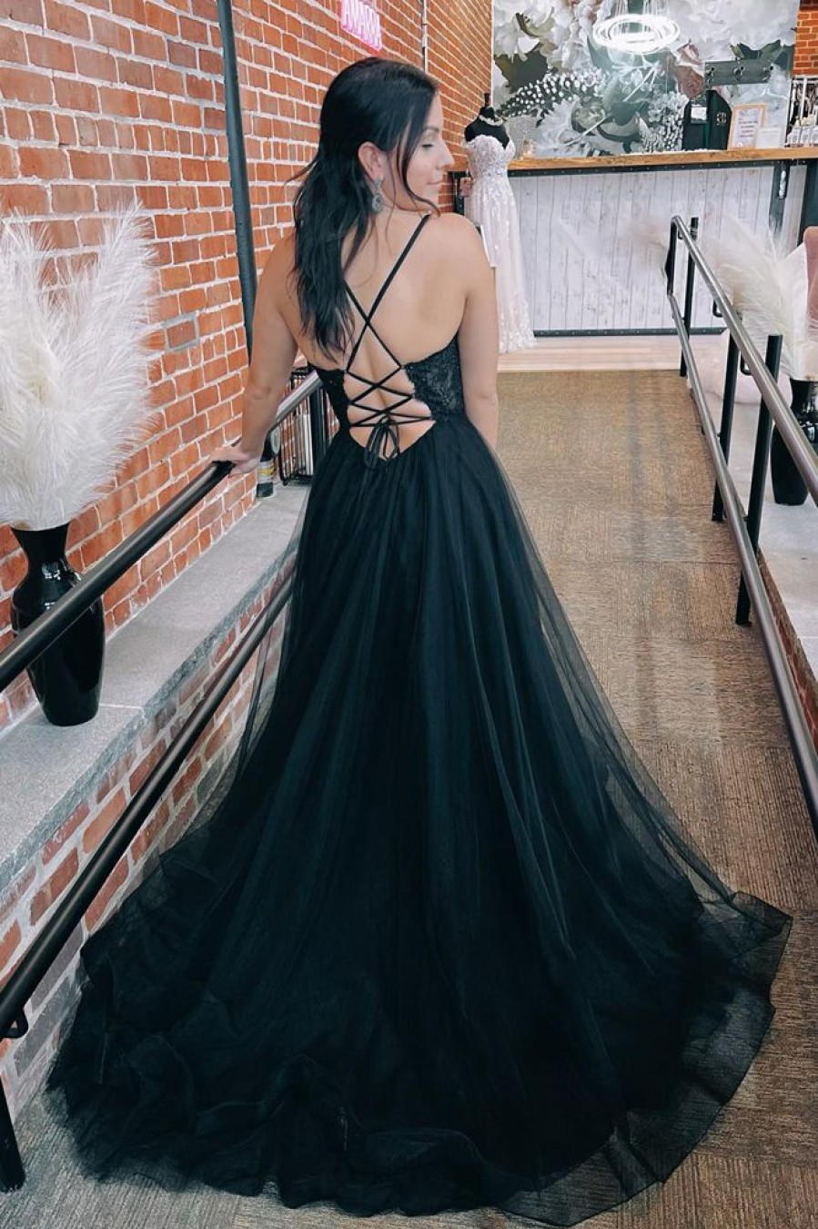 Homrain Tulle Spaghetti Straps Lace-Up Back Long Prom Dress With Slit | Black Prom Dresses