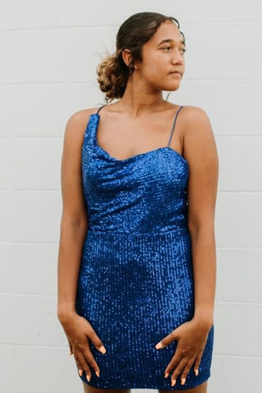 Homrain Spaghetti Straps Sequins Homecoming Dress With Criss Cross Back | Blue Hoco Dresses