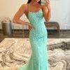 Homrain Spaghetti Straps Appliques Mermaid Long Prom Dress | Green Prom Dresses