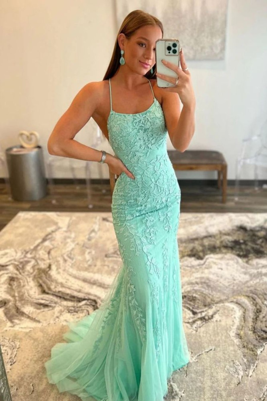 Homrain Spaghetti Straps Appliques Mermaid Long Prom Dress | Green Prom Dresses